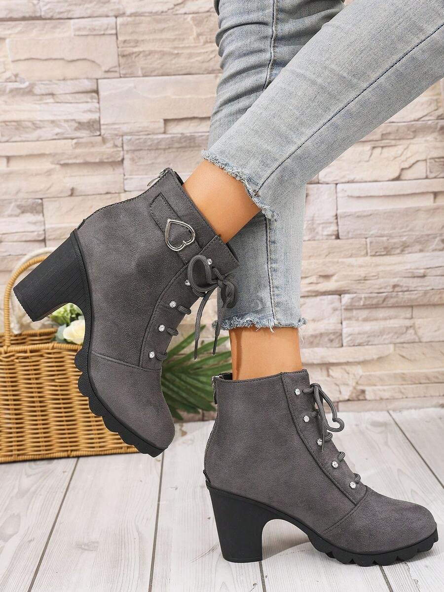 Botas elegantes y ligeras para mujeres con decoración de rhinestones, hebilla, cordones frontales, cremallera trasera y tacón ancho - Imagen 14