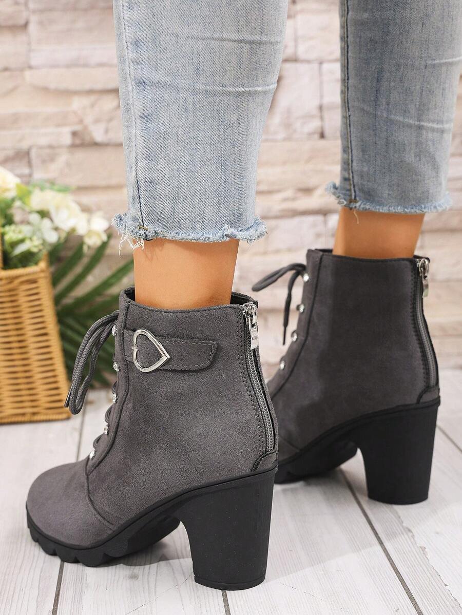 Botas elegantes y ligeras para mujeres con decoración de rhinestones, hebilla, cordones frontales, cremallera trasera y tacón ancho - Imagen 15