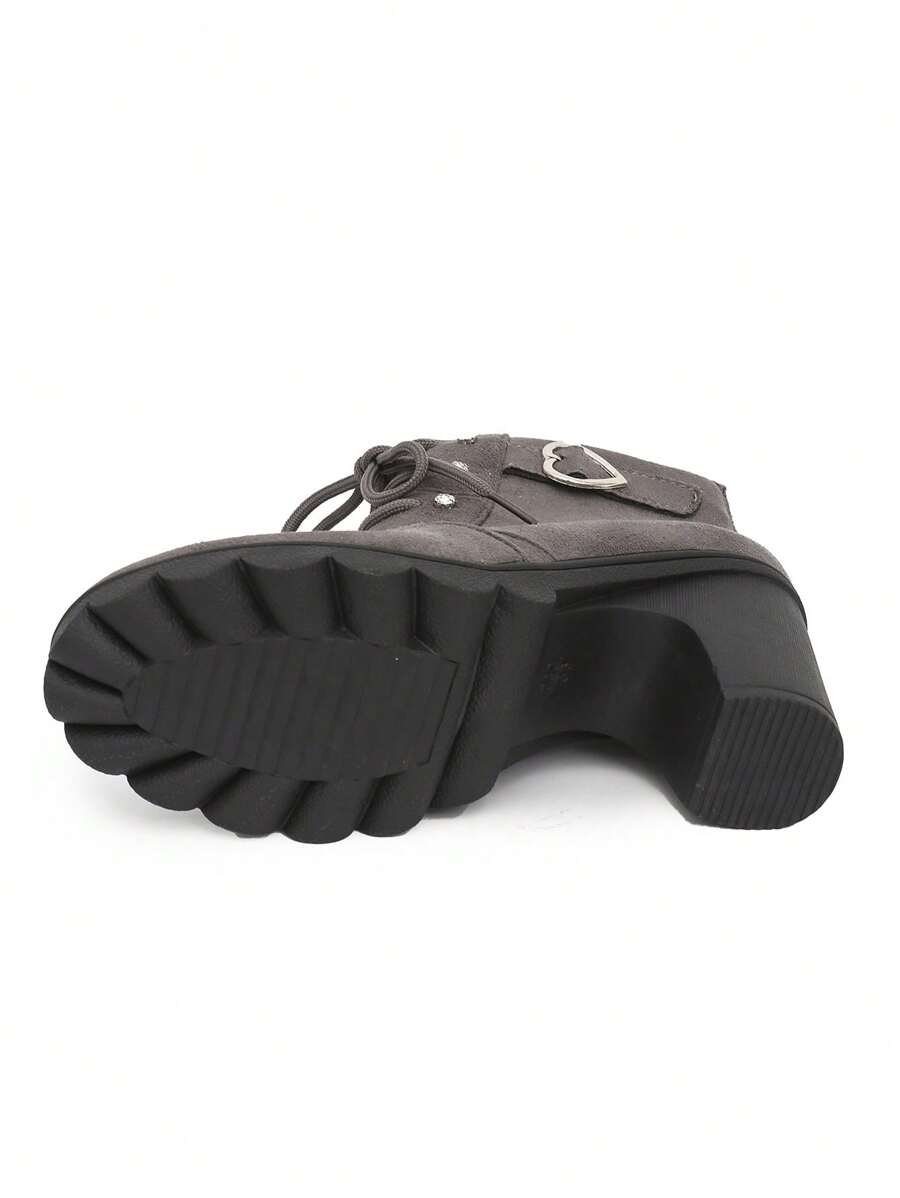 Botas elegantes y ligeras para mujeres con decoración de rhinestones, hebilla, cordones frontales, cremallera trasera y tacón ancho - Imagen 16