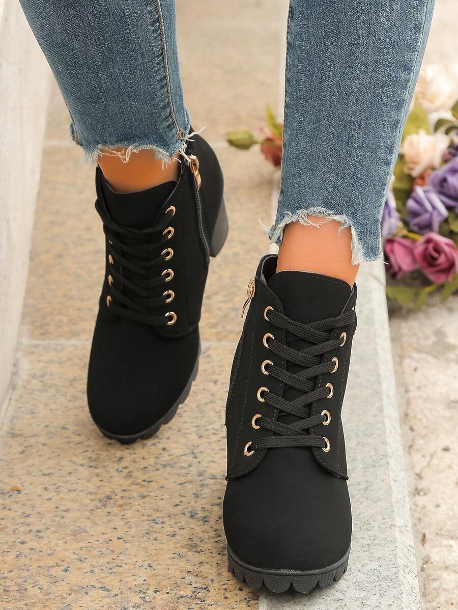 Botas elegantes y ligeras para mujeres con decoración de rhinestones, hebilla, cordones frontales, cremallera trasera y tacón ancho - Imagen 19