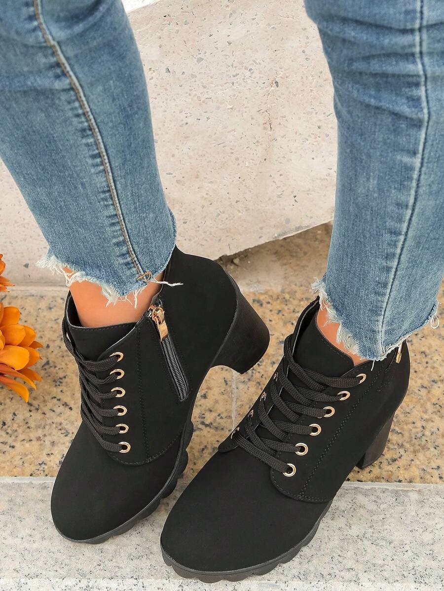 Botas elegantes y ligeras para mujeres con decoración de rhinestones, hebilla, cordones frontales, cremallera trasera y tacón ancho - Imagen 20