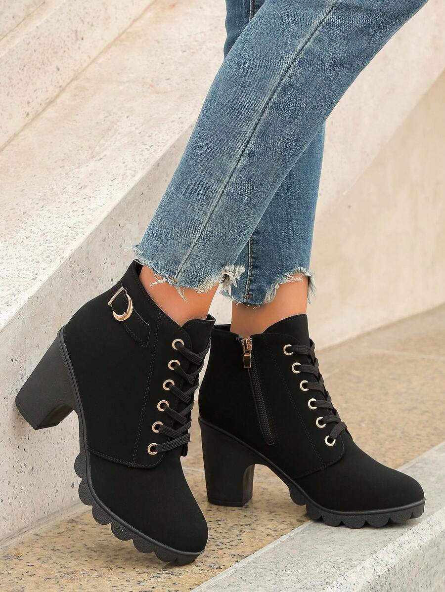 Botas elegantes y ligeras para mujeres con decoración de rhinestones, hebilla, cordones frontales, cremallera trasera y tacón ancho - Imagen 21