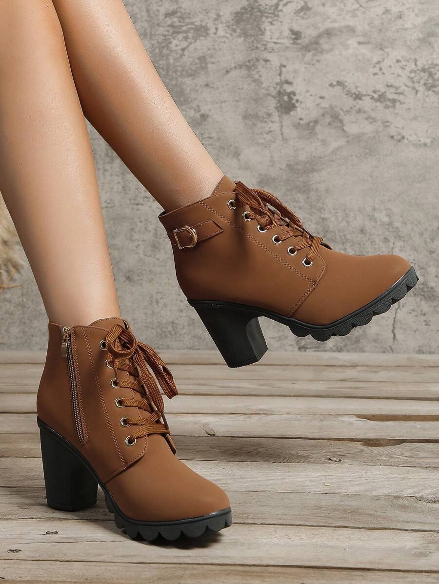 Botas elegantes y ligeras para mujeres con decoración de rhinestones, hebilla, cordones frontales, cremallera trasera y tacón ancho - Imagen 23