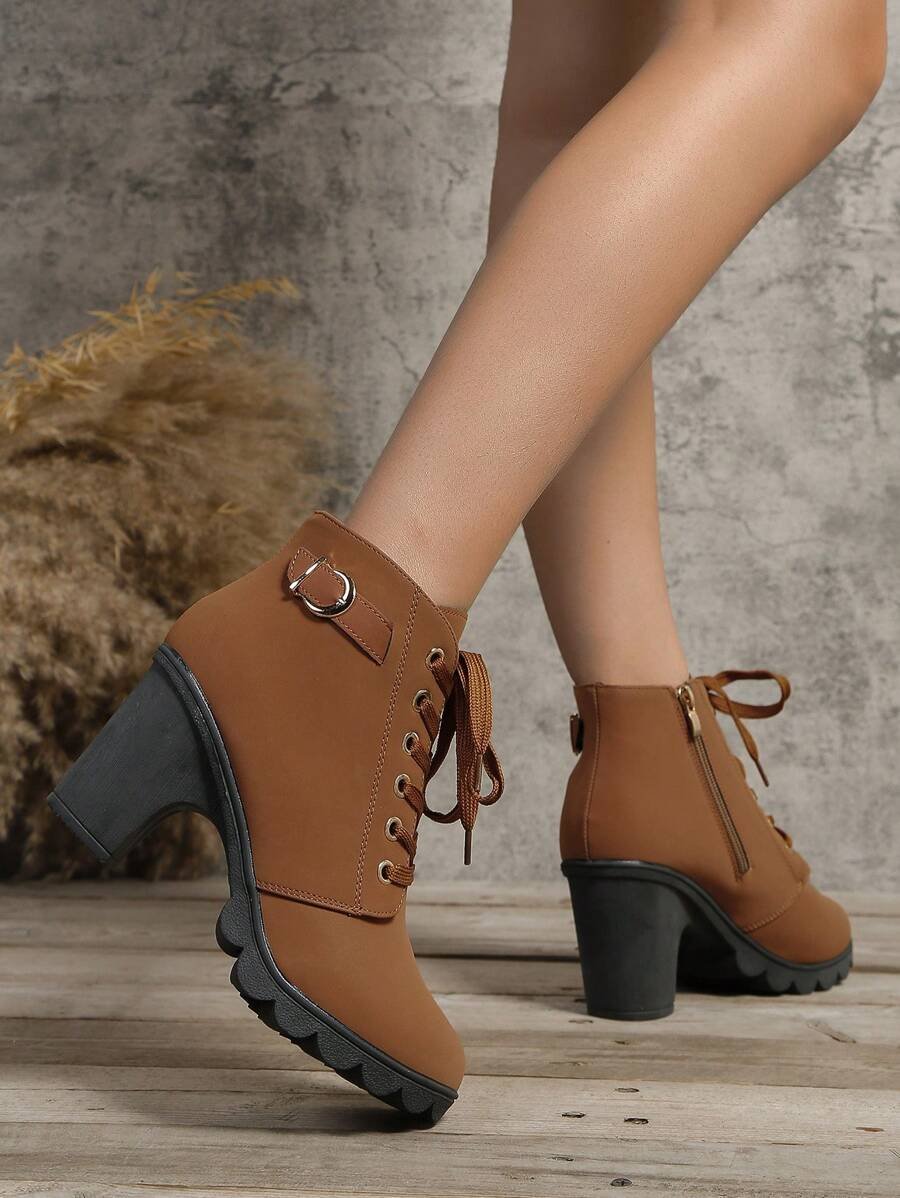 Botas elegantes y ligeras para mujeres con decoración de rhinestones, hebilla, cordones frontales, cremallera trasera y tacón ancho - Imagen 26