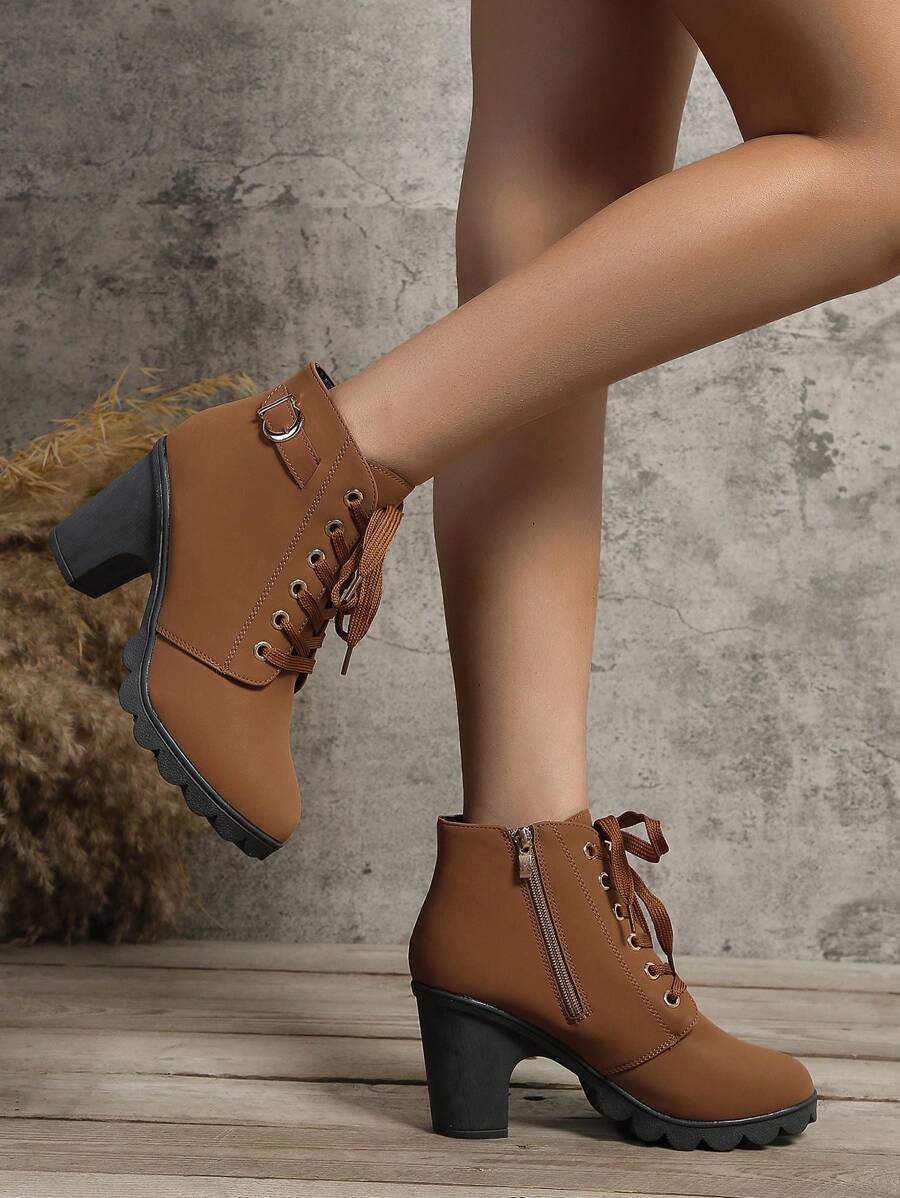 Botas elegantes y ligeras para mujeres con decoración de rhinestones, hebilla, cordones frontales, cremallera trasera y tacón ancho - Imagen 27