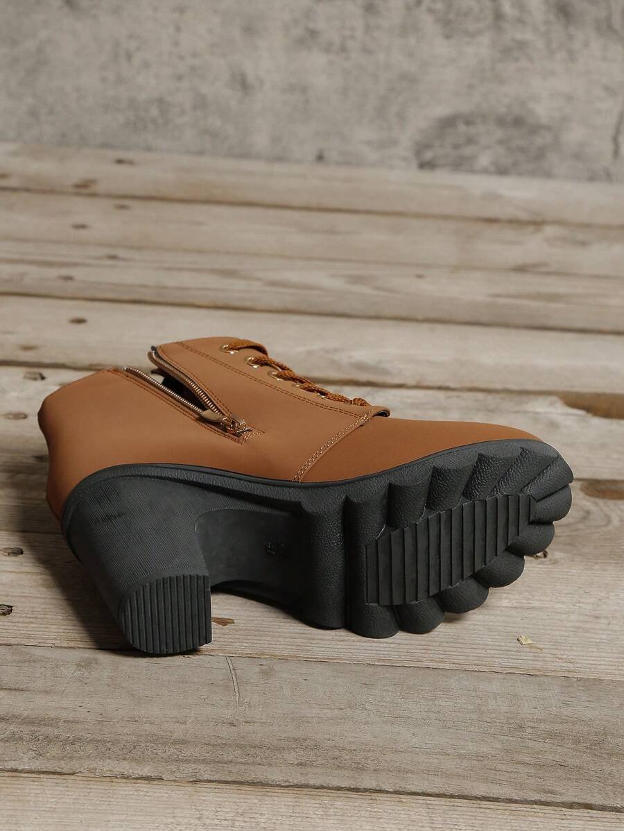 Botas elegantes y ligeras para mujeres con decoración de rhinestones, hebilla, cordones frontales, cremallera trasera y tacón ancho - Imagen 28