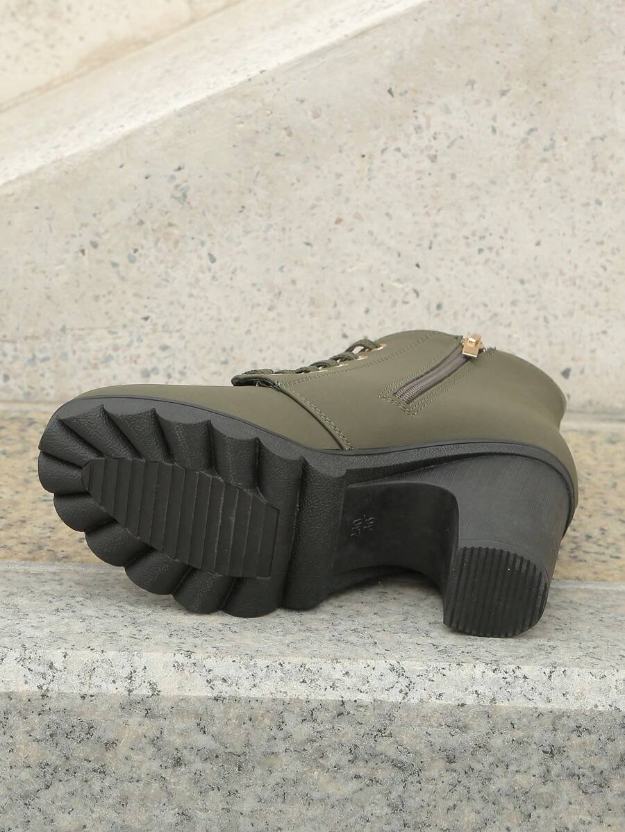 Botas elegantes y ligeras para mujeres con decoración de rhinestones, hebilla, cordones frontales, cremallera trasera y tacón ancho - Imagen 34