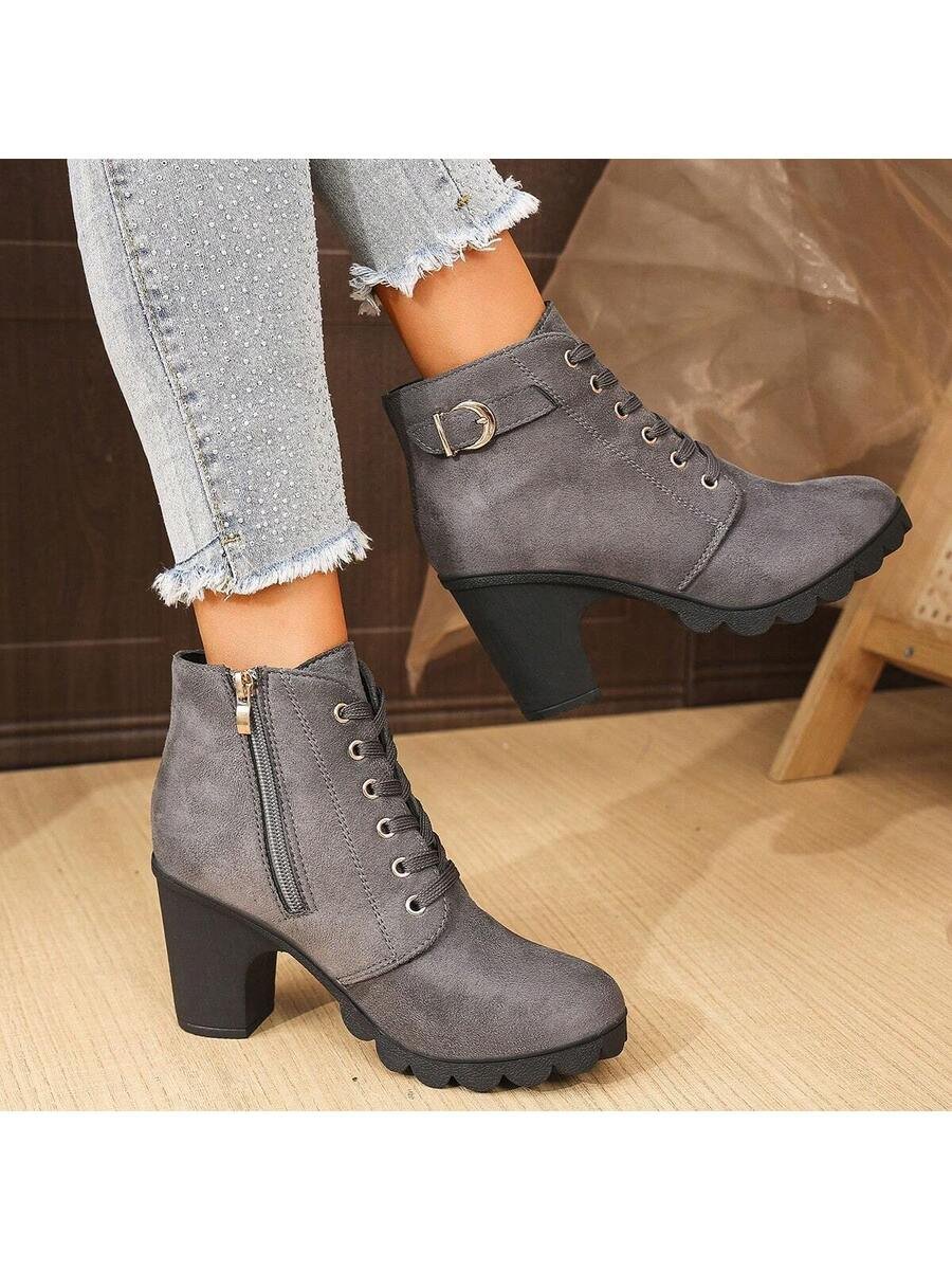 Botas elegantes y ligeras para mujeres con decoración de rhinestones, hebilla, cordones frontales, cremallera trasera y tacón ancho - Imagen 41