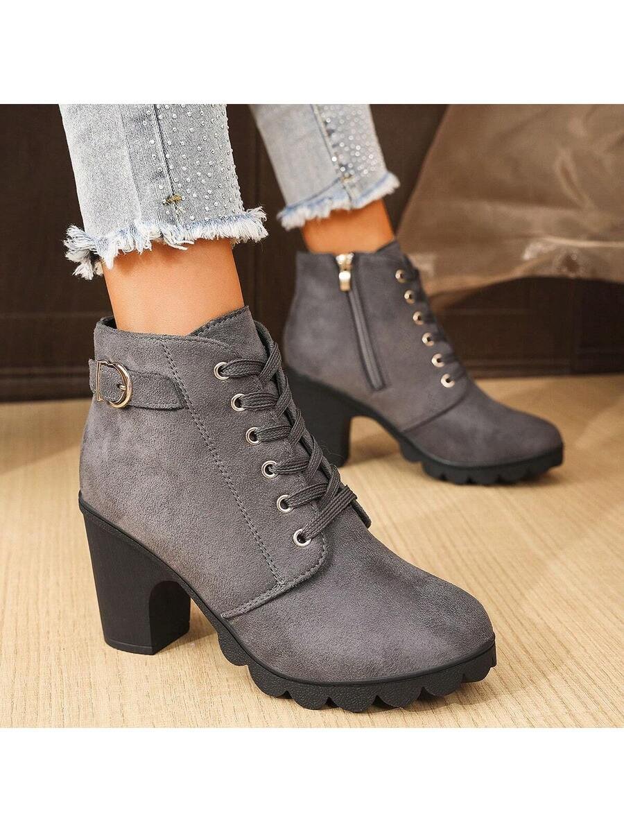 Botas elegantes y ligeras para mujeres con decoración de rhinestones, hebilla, cordones frontales, cremallera trasera y tacón ancho - Imagen 42