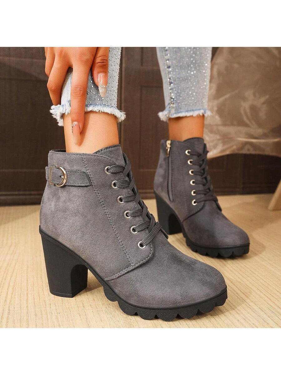 Botas elegantes y ligeras para mujeres con decoración de rhinestones, hebilla, cordones frontales, cremallera trasera y tacón ancho - Imagen 43