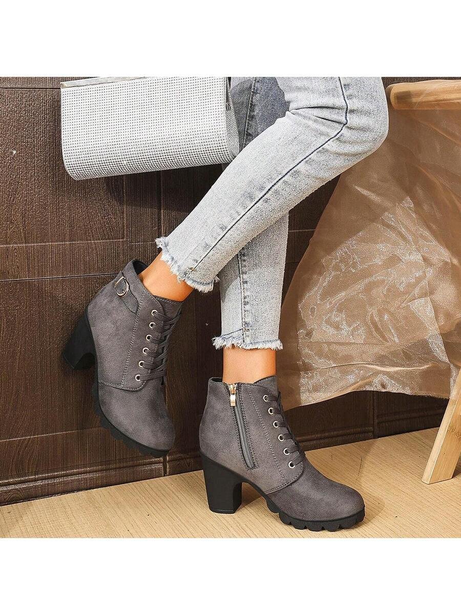 Botas elegantes y ligeras para mujeres con decoración de rhinestones, hebilla, cordones frontales, cremallera trasera y tacón ancho - Imagen 44