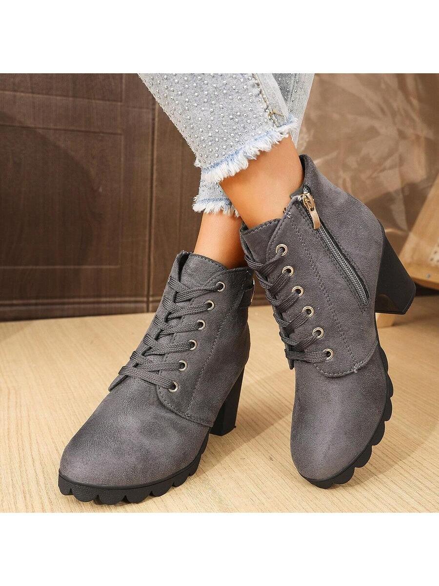 Botas elegantes y ligeras para mujeres con decoración de rhinestones, hebilla, cordones frontales, cremallera trasera y tacón ancho - Imagen 45