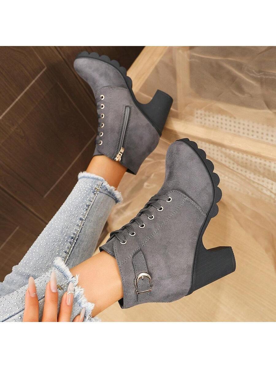 Botas elegantes y ligeras para mujeres con decoración de rhinestones, hebilla, cordones frontales, cremallera trasera y tacón ancho - Imagen 46