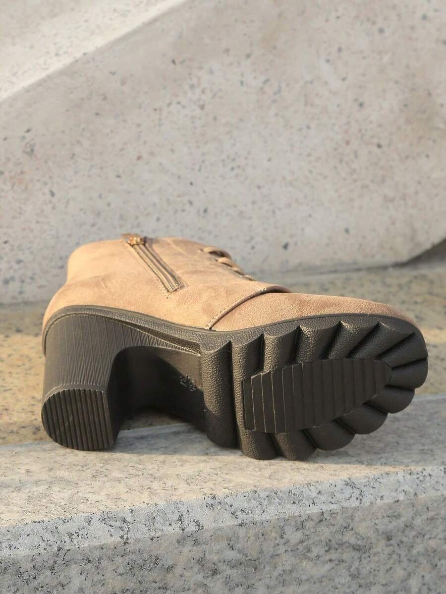 Botas elegantes y ligeras para mujeres con decoración de rhinestones, hebilla, cordones frontales, cremallera trasera y tacón ancho - Imagen 53