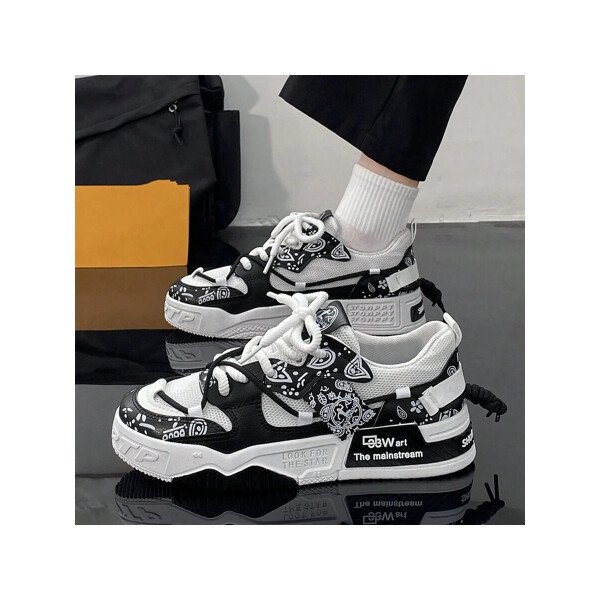 Nuevos zapatos casuales de verano transpirables vulcanizados para hombres, tenis con suela gruesa antideslizante de patrón de graffiti aleatorio de moda - Imagen 6