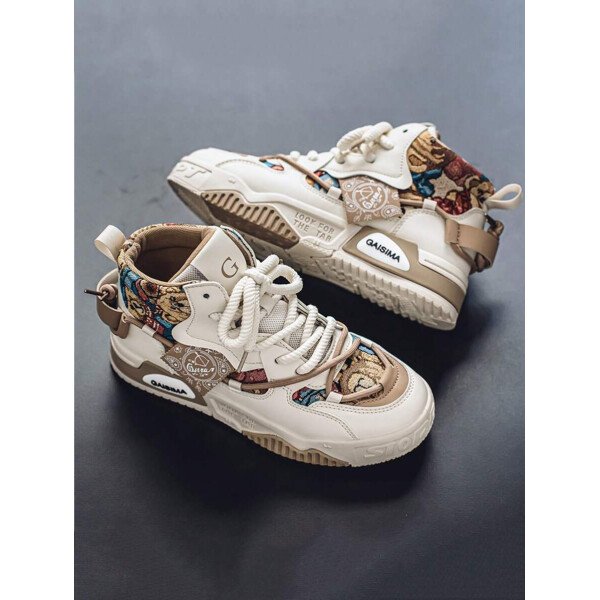 Nuevos zapatos casuales de verano transpirables vulcanizados para hombres, tenis con suela gruesa antideslizante de patrón de graffiti aleatorio de moda - Imagen 22