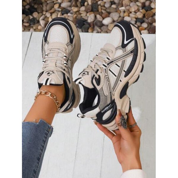 Zapatos deportivos de mujer para primavera y otoño, zapatos negros de piel y malla con costura, transpirables, livianos, cómodos, con cordones, zapatos para mujeres