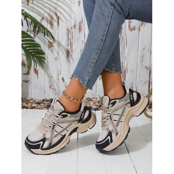 Zapatos deportivos de mujer para primavera y otoño, zapatos negros de piel y malla con costura, transpirables, livianos, cómodos, con cordones, zapatos para mujeres - Imagen 5