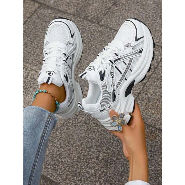 Zapatos deportivos de mujer para primavera y otoño, zapatos negros de piel y malla con costura, transpirables, livianos, cómodos, con cordones, zapatos para mujeres - Imagen 7