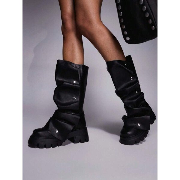 Botas de plataforma hasta la rodilla para mujer, de color liso, con pliegues, tacón de bloque, punta redonda, estilo western, para todas las estaciones - Imagen 2