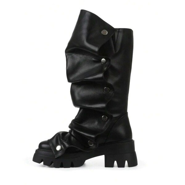 Botas de plataforma hasta la rodilla para mujer, de color liso, con pliegues, tacón de bloque, punta redonda, estilo western, para todas las estaciones - Imagen 5