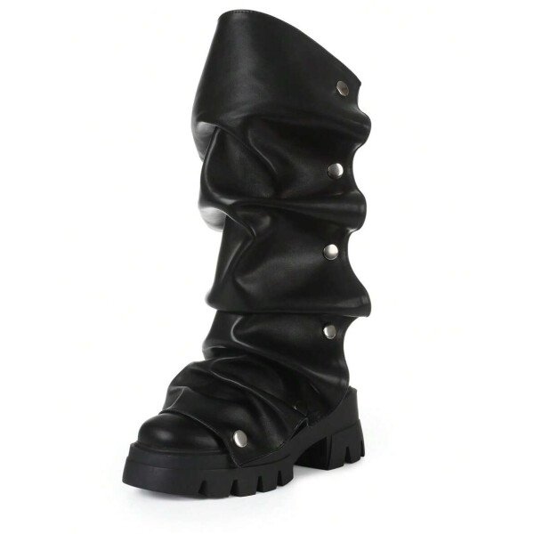 Botas de plataforma hasta la rodilla para mujer, de color liso, con pliegues, tacón de bloque, punta redonda, estilo western, para todas las estaciones - Imagen 6