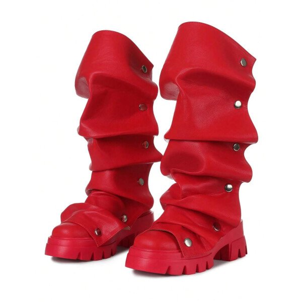 Botas de plataforma hasta la rodilla para mujer, de color liso, con pliegues, tacón de bloque, punta redonda, estilo western, para todas las estaciones - Imagen 9