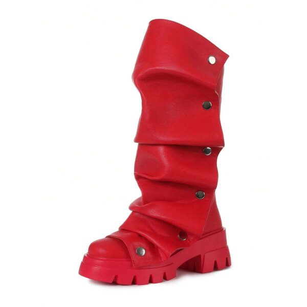 Botas de plataforma hasta la rodilla para mujer, de color liso, con pliegues, tacón de bloque, punta redonda, estilo western, para todas las estaciones - Imagen 10