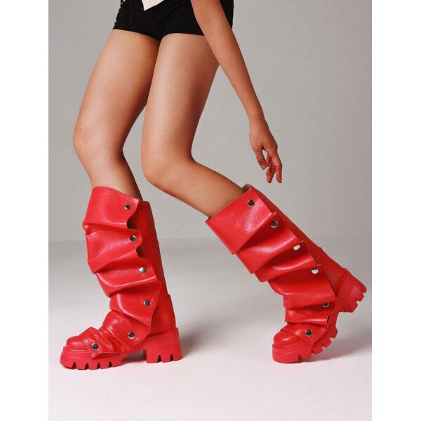 Botas de plataforma hasta la rodilla para mujer, de color liso, con pliegues, tacón de bloque, punta redonda, estilo western, para todas las estaciones - Imagen 12