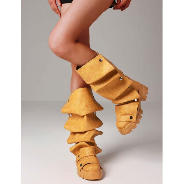 Botas de plataforma hasta la rodilla para mujer, de color liso, con pliegues, tacón de bloque, punta redonda, estilo western, para todas las estaciones - Imagen 13