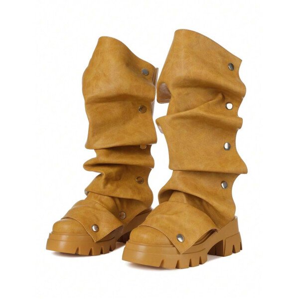 Botas de plataforma hasta la rodilla para mujer, de color liso, con pliegues, tacón de bloque, punta redonda, estilo western, para todas las estaciones - Imagen 15