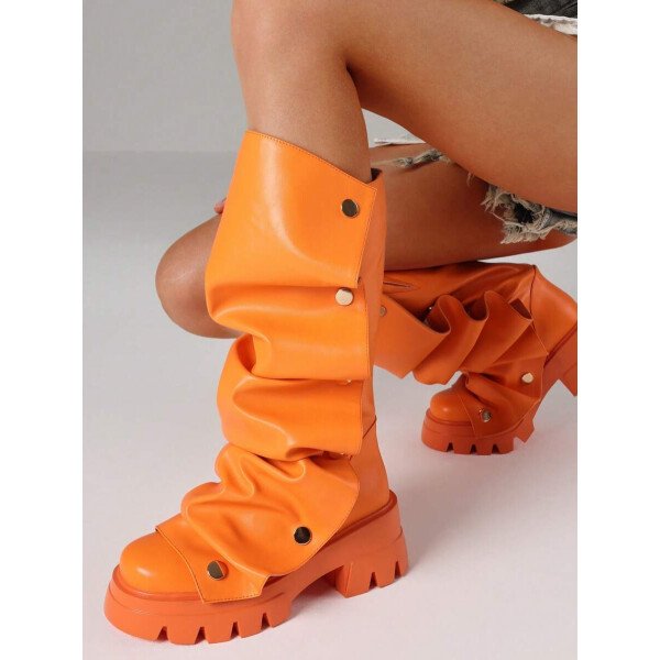 Botas de plataforma hasta la rodilla para mujer, de color liso, con pliegues, tacón de bloque, punta redonda, estilo western, para todas las estaciones - Imagen 17