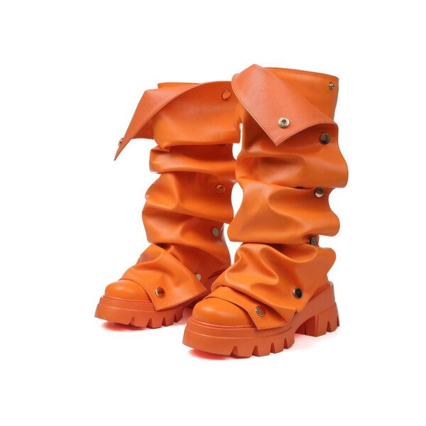 Botas de plataforma hasta la rodilla para mujer, de color liso, con pliegues, tacón de bloque, punta redonda, estilo western, para todas las estaciones - Imagen 18