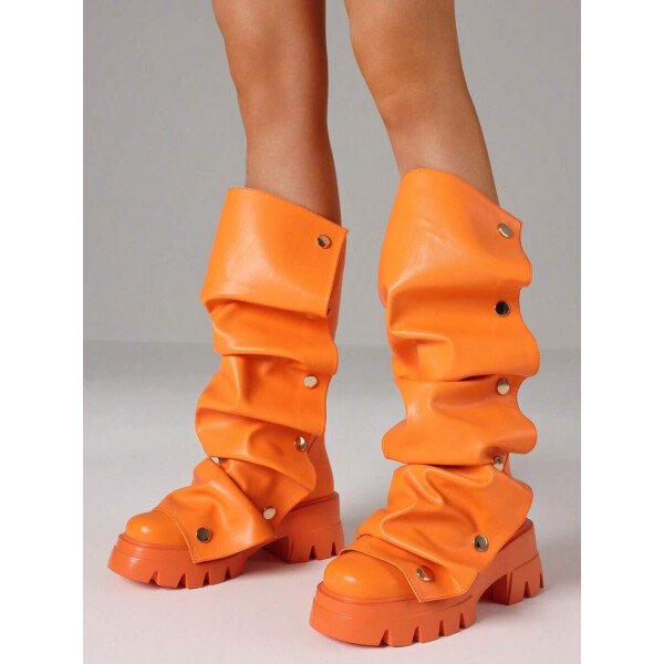 Botas de plataforma hasta la rodilla para mujer, de color liso, con pliegues, tacón de bloque, punta redonda, estilo western, para todas las estaciones - Imagen 19