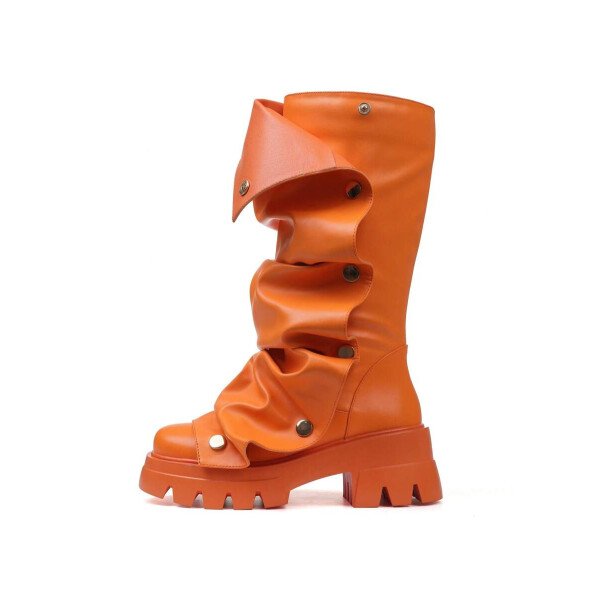 Botas de plataforma hasta la rodilla para mujer, de color liso, con pliegues, tacón de bloque, punta redonda, estilo western, para todas las estaciones - Imagen 20