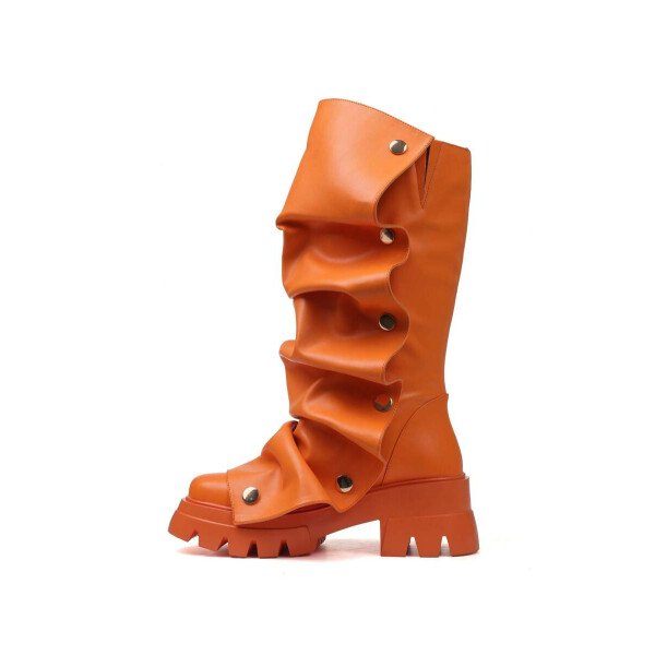 Botas de plataforma hasta la rodilla para mujer, de color liso, con pliegues, tacón de bloque, punta redonda, estilo western, para todas las estaciones - Imagen 21