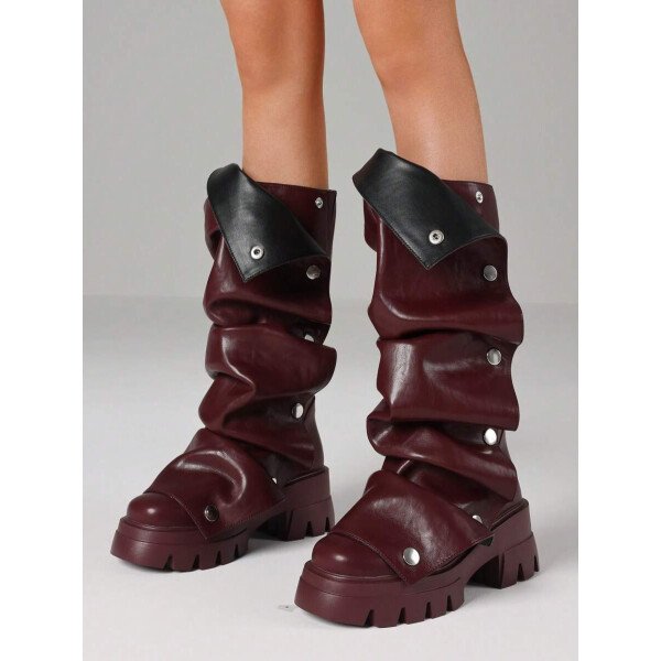 Botas de plataforma hasta la rodilla para mujer, de color liso, con pliegues, tacón de bloque, punta redonda, estilo western, para todas las estaciones - Imagen 22