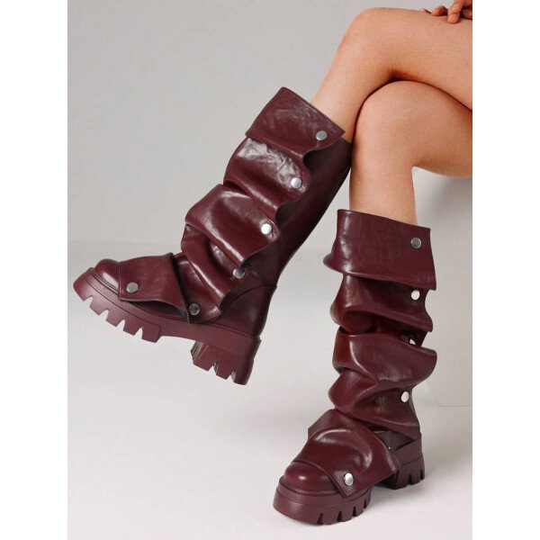Botas de plataforma hasta la rodilla para mujer, de color liso, con pliegues, tacón de bloque, punta redonda, estilo western, para todas las estaciones - Imagen 23
