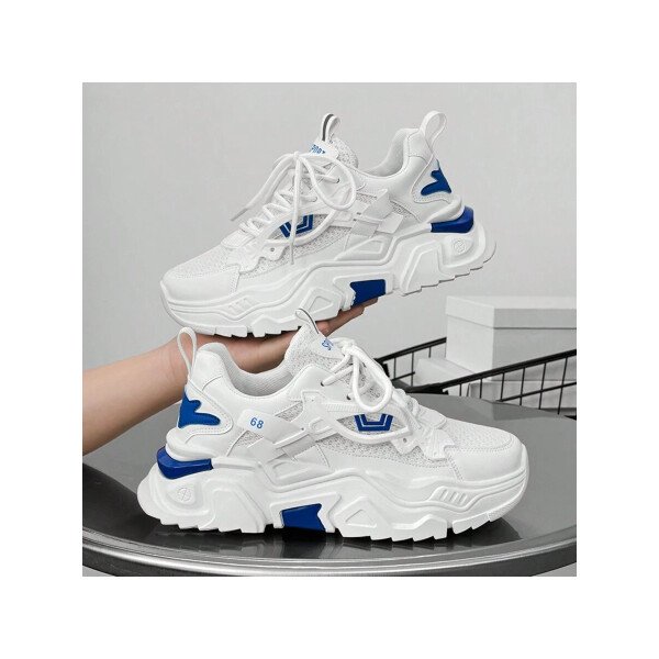 Zapatos deportivos casuales multifuncionales de suela gruesa para mujer, parte superior de malla transpirable y suela duradera de PU/caucho, zapatos deportivos casuales con cordones con decoración azul, muy adecuados para ropa casual, accesorios de calzado versátiles. - Imagen 9