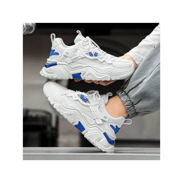 Zapatos deportivos casuales multifuncionales de suela gruesa para mujer, parte superior de malla transpirable y suela duradera de PU/caucho, zapatos deportivos casuales con cordones con decoración azul, muy adecuados para ropa casual, accesorios de calzado versátiles. - Imagen 14