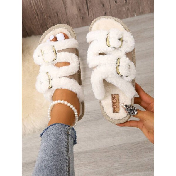 Pantuflas de mujer para otoño/invierno con hebilla, zapatos de casa abiertos de punta con peluche - Imagen 2