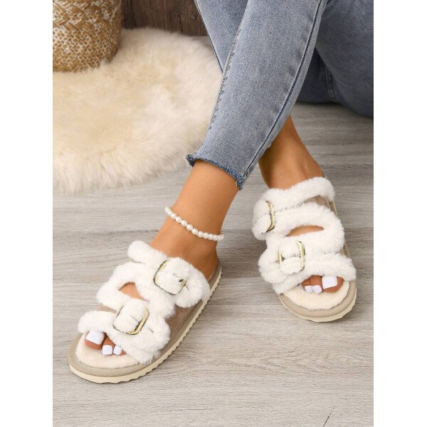 Pantuflas de mujer para otoño/invierno con hebilla, zapatos de casa abiertos de punta con peluche - Imagen 3
