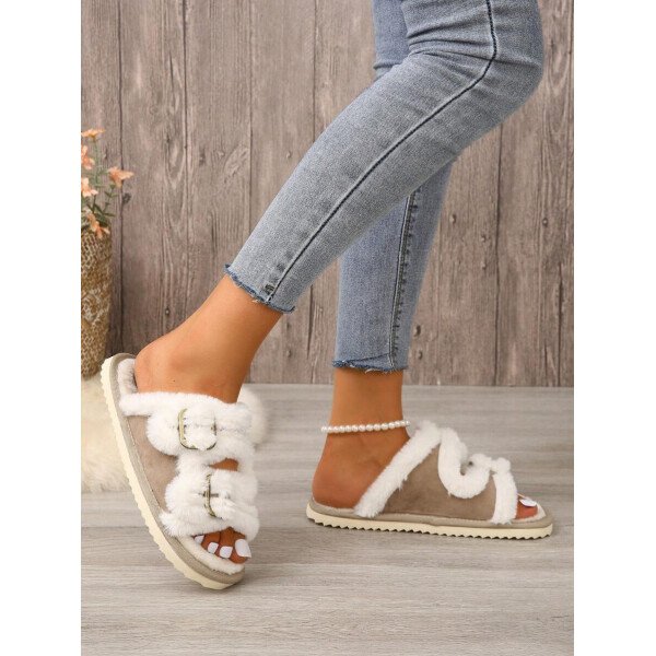 Pantuflas de mujer para otoño/invierno con hebilla, zapatos de casa abiertos de punta con peluche - Imagen 4