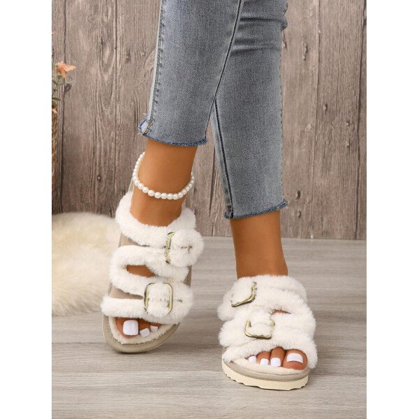 Pantuflas de mujer para otoño/invierno con hebilla, zapatos de casa abiertos de punta con peluche - Imagen 6