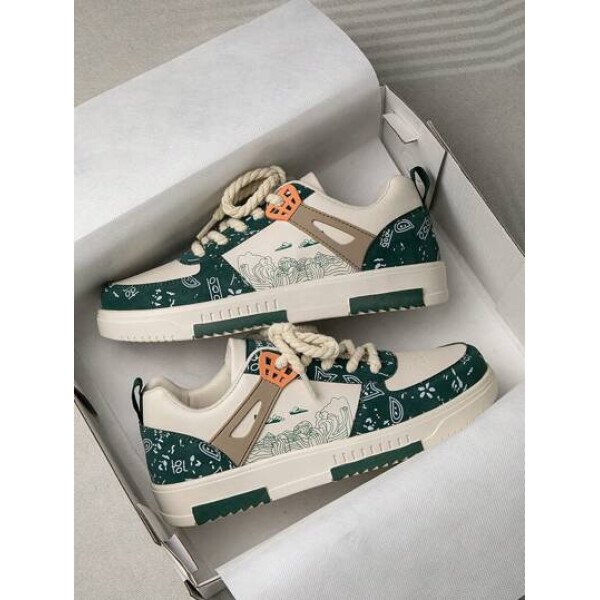 (Talla pequeña) Zapatillas casuales con cordones y estampado de graffiti aleatorio de estilo moderno para hombres, zapatos deportivos versátiles de retazos para exteriores, zapatos para parejas