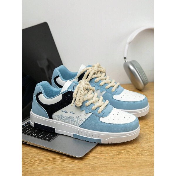 (Talla pequeña) Zapatillas casuales con cordones y estampado de graffiti aleatorio de estilo moderno para hombres, zapatos deportivos versátiles de retazos para exteriores, zapatos para parejas - Imagen 2