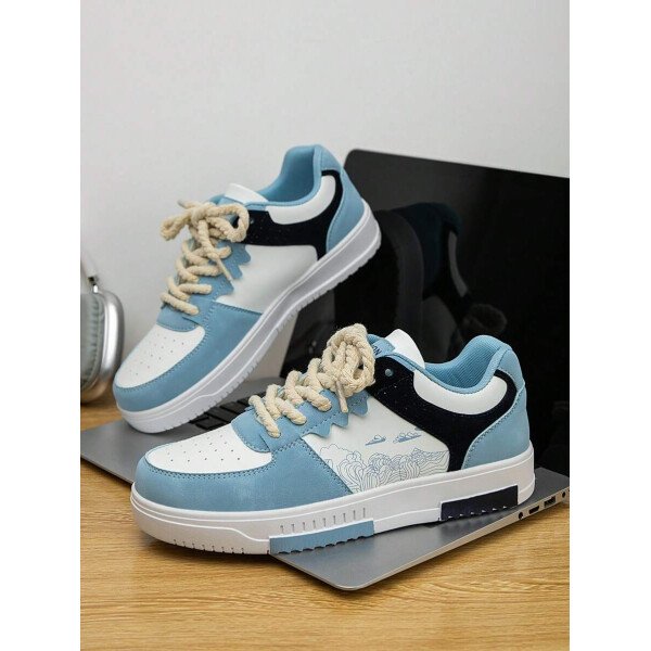 (Talla pequeña) Zapatillas casuales con cordones y estampado de graffiti aleatorio de estilo moderno para hombres, zapatos deportivos versátiles de retazos para exteriores, zapatos para parejas - Imagen 5