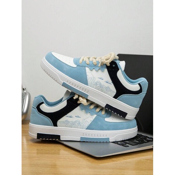 (Talla pequeña) Zapatillas casuales con cordones y estampado de graffiti aleatorio de estilo moderno para hombres, zapatos deportivos versátiles de retazos para exteriores, zapatos para parejas - Imagen 6