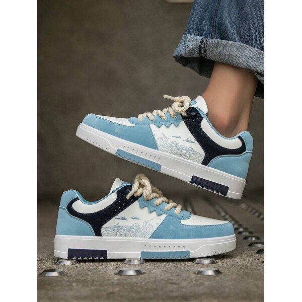 (Talla pequeña) Zapatillas casuales con cordones y estampado de graffiti aleatorio de estilo moderno para hombres, zapatos deportivos versátiles de retazos para exteriores, zapatos para parejas - Imagen 8