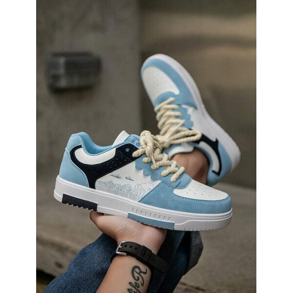 (Talla pequeña) Zapatillas casuales con cordones y estampado de graffiti aleatorio de estilo moderno para hombres, zapatos deportivos versátiles de retazos para exteriores, zapatos para parejas - Imagen 10